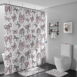 Bow Pattern Shower Curtain Set, 1/4 Counts Including Shower Curtain & Toilet U-shaped Mat & Bath Mat & Toilet Lid Cover, Bathroom Decoration Supplies