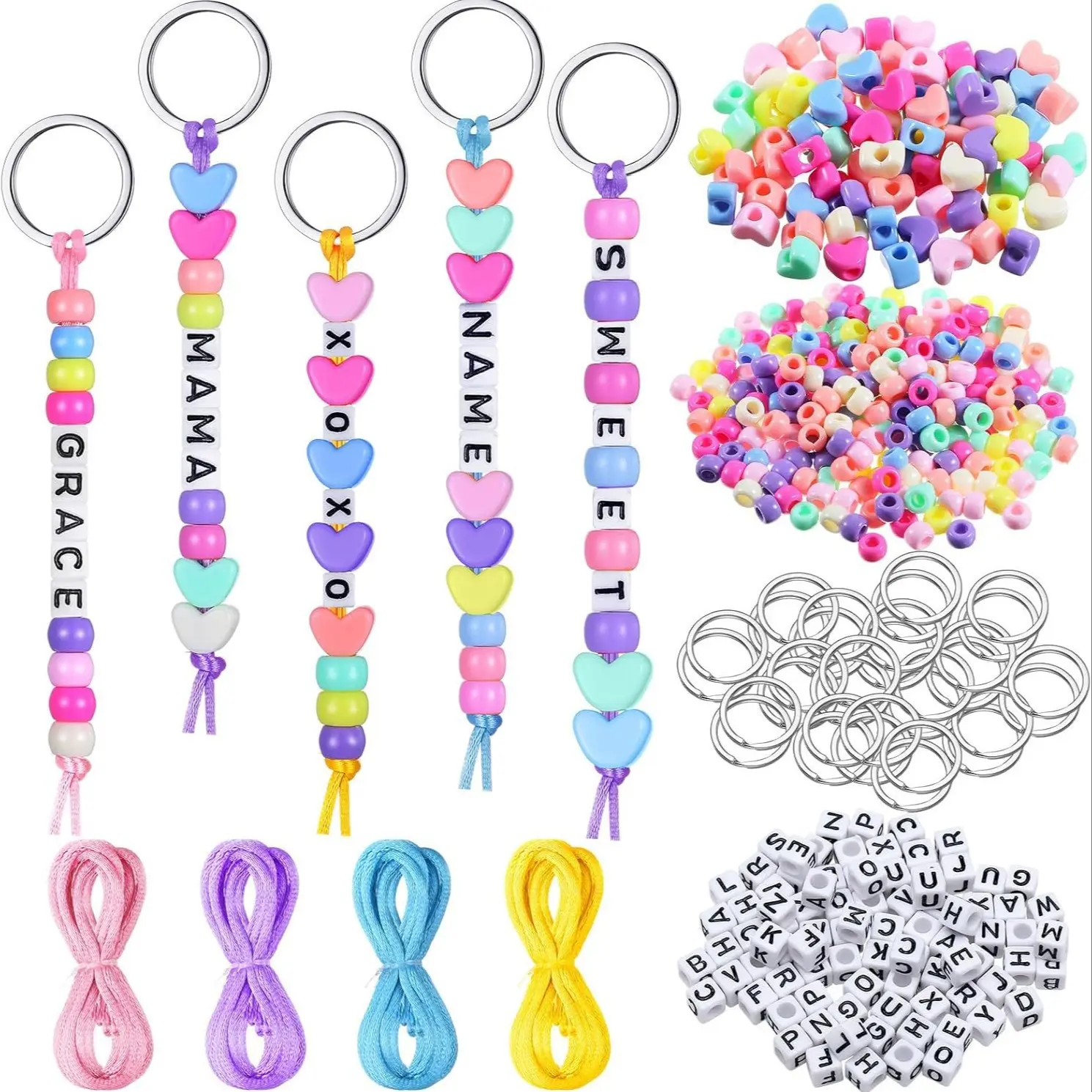 285 Piece DIY Keychain Making Kit, Adjustable Letter Heart Transparent Beads, Adjustable Beaded Design, DIY Beads Assortment, Bead Mix, Interchangeable Beads, Birthday Party Small Gift, Craft Supplies, Bead Set, Bead Assortments, DIY Mixed Beads