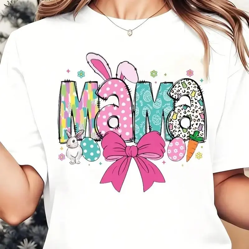 [OVER SIZE][BOLDR SHOP]Easter "Mama Rabbit" Ears & Bow Graphic T-Shirt for Women | Cute Bunny & Colorful Pattern Design, Spring Celebration & Holiday Casual Shirt