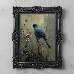Vintage Blue Bird Wall Art, Dark Cottagecore Farmhouse Art, Dark Academia Gothic Aesthetic Decor Moody Bird Botanical Woodland Art Q