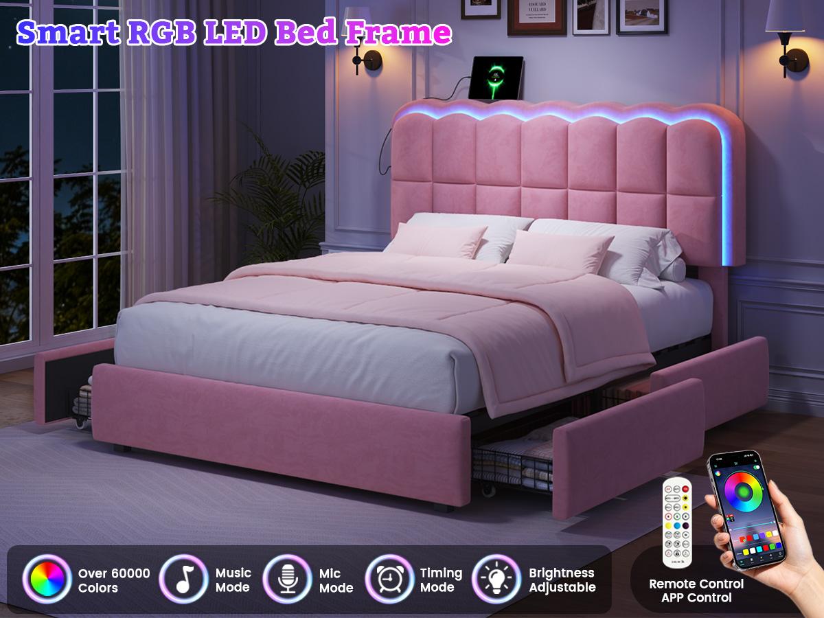Mraeer Modern Bed Frame with 4 Big Storage Drawers for Queen/Full/Twin Size, Luxury Upholstered Platform LED Bed Frame with Built-in Charging Station & Shelf on Headboard - Contemporary Furniture, Dorms, Attic, Guestroom, 1000LBS Capacity