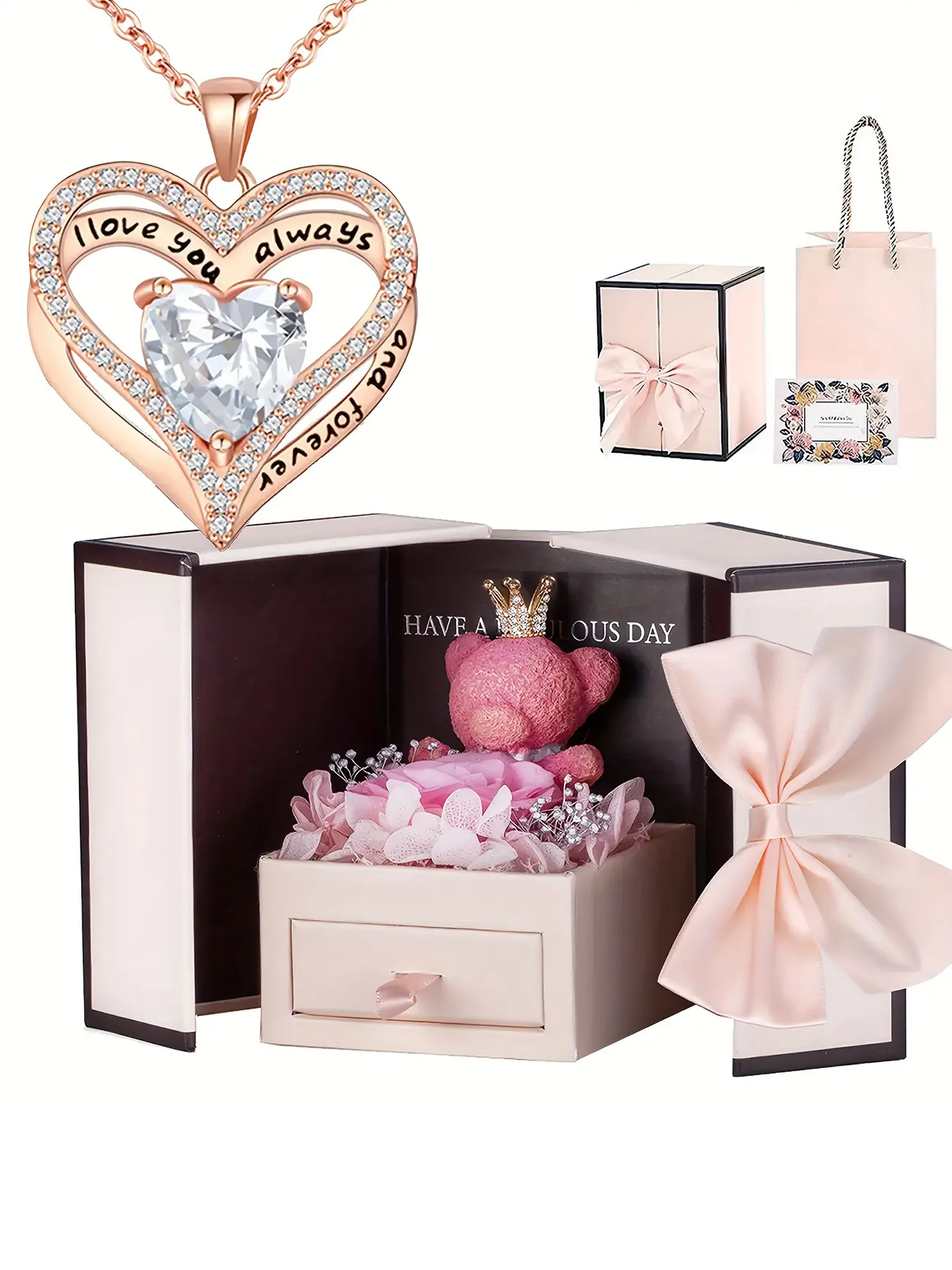 1 heart-shaped pendant necklace, complete with a box containing a rose-themed bear, a bouquet of eternal flowers, Exquisite jewelry gift, Valentine's Day gift, Mother's Day gift