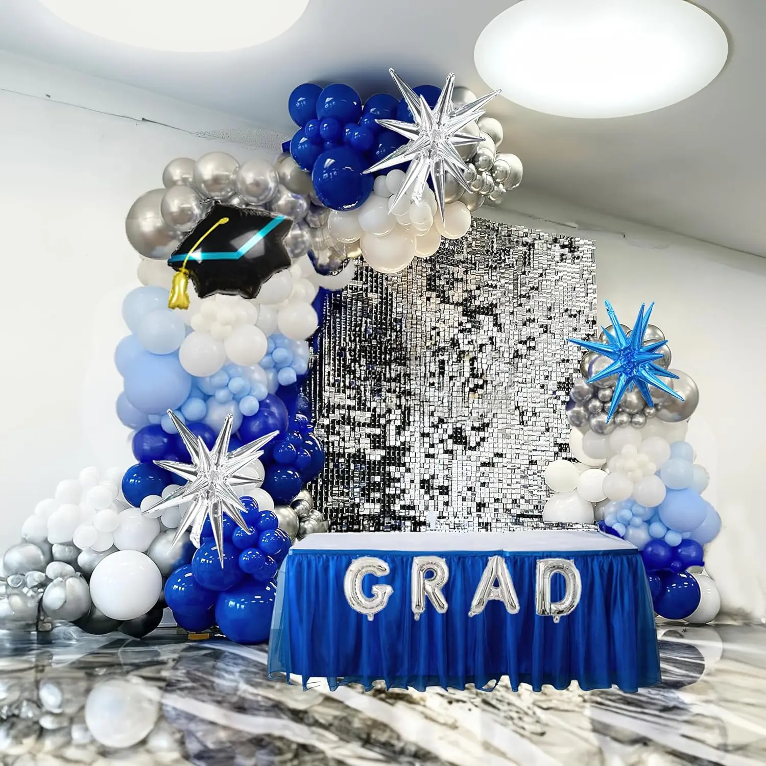 2026 Blue White Graduation Balloon Arch Kit with Silver Letter and Starburst Balloons