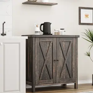 Small Coffee Bar Cabinet, Farmhouse Buffet Cabinet with Barn Doors & Adjustable Shelf, Adjustable Shelves, Barn Doors, Rustic Oak Finish, Multi-Purpose Home Organizer