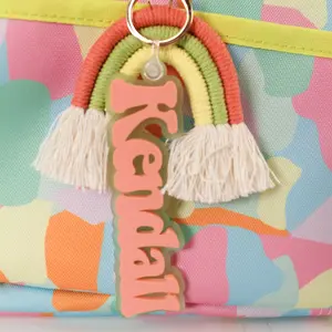 Lime Green and Coral Rainbow Backpack Tag with an Acrylic Name Charm, Macrame Rainbow Keychain with Tag