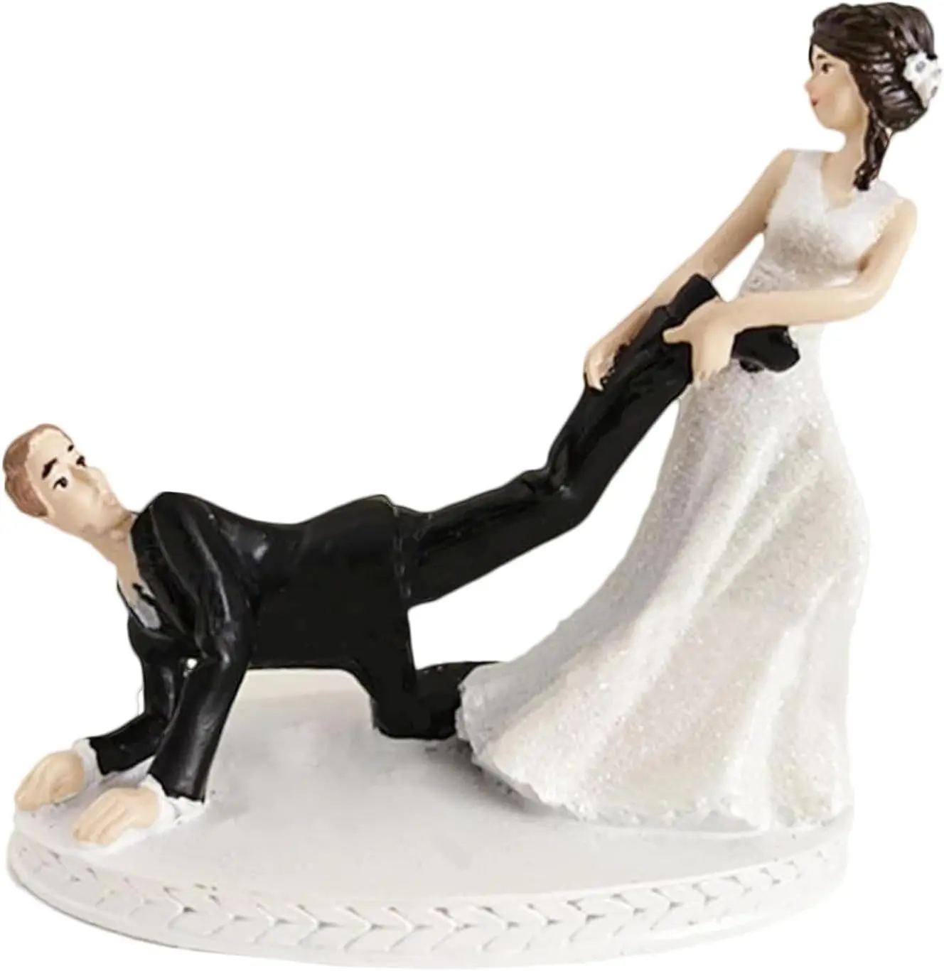 4.2 X 3.9 in Bride Dragging Groom Cake Topper, Wedding Figurine | Funny Couple Resin Gifts for Wedding Party, Engagement Decor