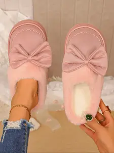 Women's Plush Bow Slippers, Soft Puffy Indoor Shoes, Cute Bow Design, Warm Fleece Lining, Perfect for Bedroom and Living Room, Winter Comfort