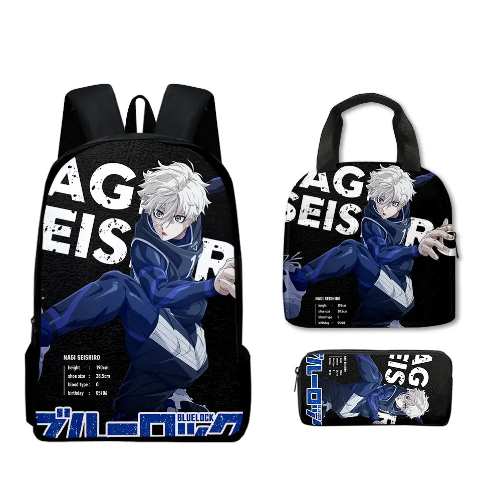 Anime Blue Lock Graphic 3-Piece Backpack Set, Casual School & Travel Rucksack with Lunch Bag & Pencil Case for Men, Office & Educational Supplies
