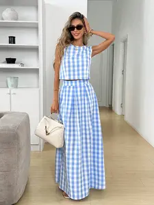 Easowa Women's Round Neck Sleeveless Plaid Casual Summer 2 Pieces Set Women's Stylish Blue Plaid Flowy A Line Maxi Skirt 2pcs For Summer Casual Outfits Summer Outfits Spring Outfit Women Easter 2pcs Beach Vacation Outfits For Women Birthday Outfits For Wo
