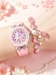 Fashionable Cute Glowing Quartz Watch and Beaded Bracelet, Bracelet Watch Set, Silicone Strap, Unicorn Pattern, Perfect for Daily Use, Party, Travel, Birthday Gift