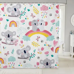 Cute Koala Waterproof Shower Curtain,Cartoon Animal Rainbow Bathroom Shower Curtain,Floral Shower Curtain,with Hooks,Colorful Curtain,72x72 Inches