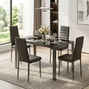 5 Piece Modern Dining Table Set for 4, Glass Dining Table with High Back PU Leather Chairs, Perfect for Living Room, Kitchen & Dining Room