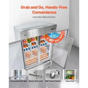 VEVOR Commercial Refrigerator, 32.2 in Width Reach In Upright Refrigeration Double Glass Door, 43.2 Cu. ft Auto-Defrost Stainless Steel Refrigerator with 8 Adjustable Shelves, 32 to 50 Temp Range