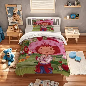 Strawberry Doll Pattern Quilt Set, Cute, Sweet, Soft, Durable Bedding Set, Includes 1 Quilt Cover and 1 or 2 Pillowcases, No Quilt or Pillow Core, Suitable for Daily Holidays, Birthday Gifts, Bedroom Decorations