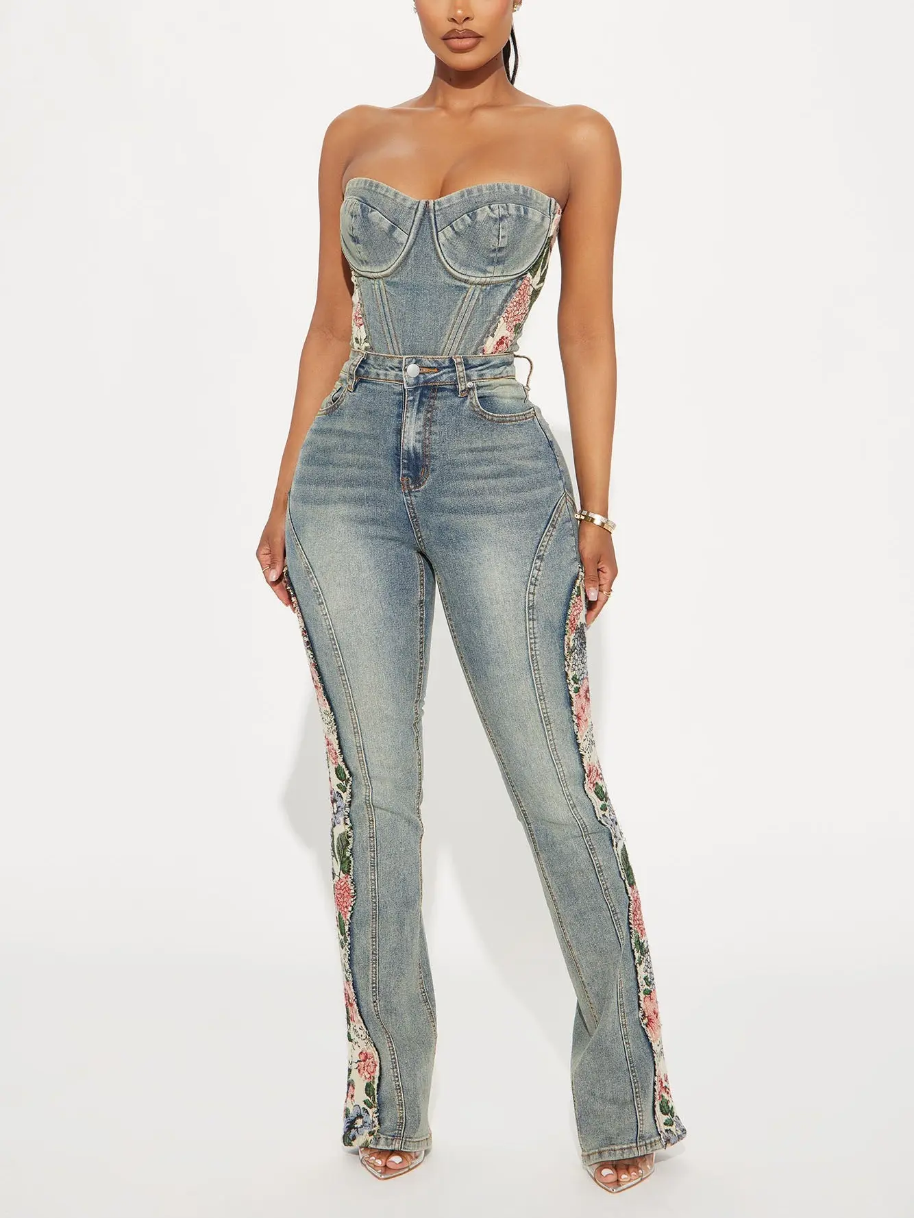 Amari Floral Stretch Bootcut Jeans Vintage Wash Womenswear Bottom - High Stretch Cotton Denim with 5 Pocket & Floral Paneling