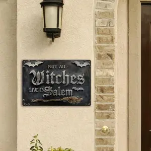 Vintage Halloween Themed Metal Sign, Bat & Broomstick Design Wall Decor, Spooky Witch Themed Home Party Decoration, Wall Metal Plaque