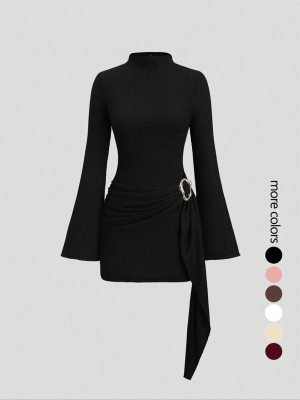 Women's Stand Collar Cinched Waist Minimalist Flare Sleeve Bodycon Midi Dress