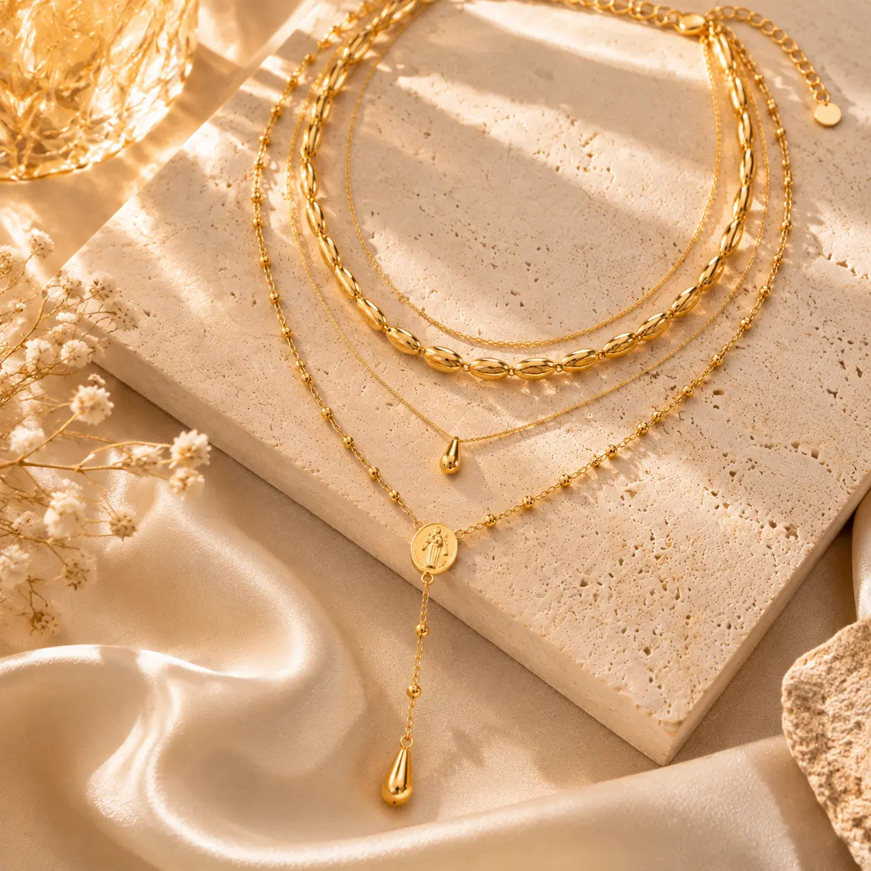 4-Piece Layered Necklace Set for Women, Irregular Chunky Choker, Teardrop Pendant and Long Y Necklace, Trendy Stackable Statement Jewelry in Gold or Silver Color