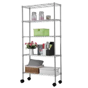 5-Tier Adjustable Chrome Steel Wire Shelving Unit Organiser (35.4" L x 13.8" W x 65" H) - Heavy-Duty NSF Metal Rack with Wheels for Garage, Commercial Utility Storage