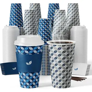 16 oz Coffee Cups with  100 Pack, Disposable Hot Paper Coffee Cups with , Sleeves and Stirrers for Christmas, Thanksgiving, Party