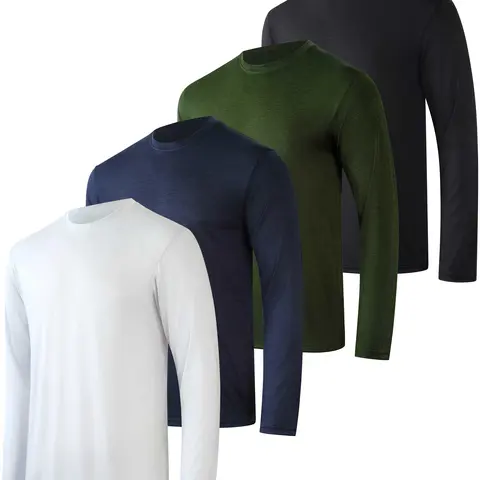 Real Essentials 4 Pack: Mens Long Sleeve Dry Fit T Shirts Hiking Fishing Workout Gym Work Sun UPF 50 Wicking Running Tee