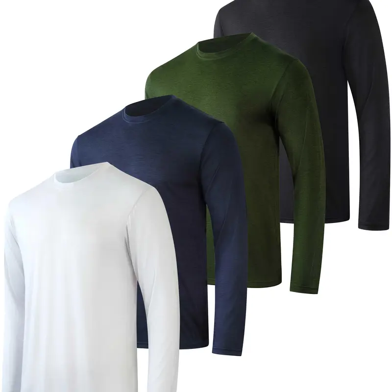 Real Essentials 4 Pack: Mens Long Sleeve Dry Fit T Shirts Hiking Fishing Workout Gym Work Sun UPF 50 Wicking Running Tee