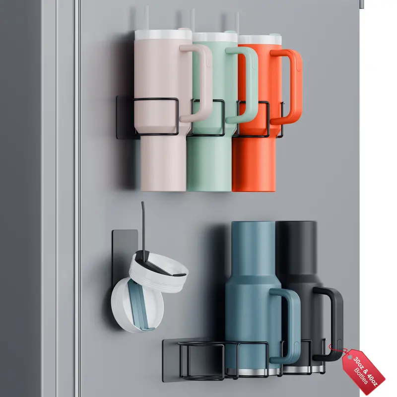 Modvista Adjustable Stainless Steel Metal Magnetic Fridge Cup Organiser - Corrosion Resistant, 50% Stronger Hold, Dishwasher Cleanable Kitchen Storage Rack for 30/40 oz Water Bottles, Tumbler Lids (Holds 4 Loaded Tumblers)