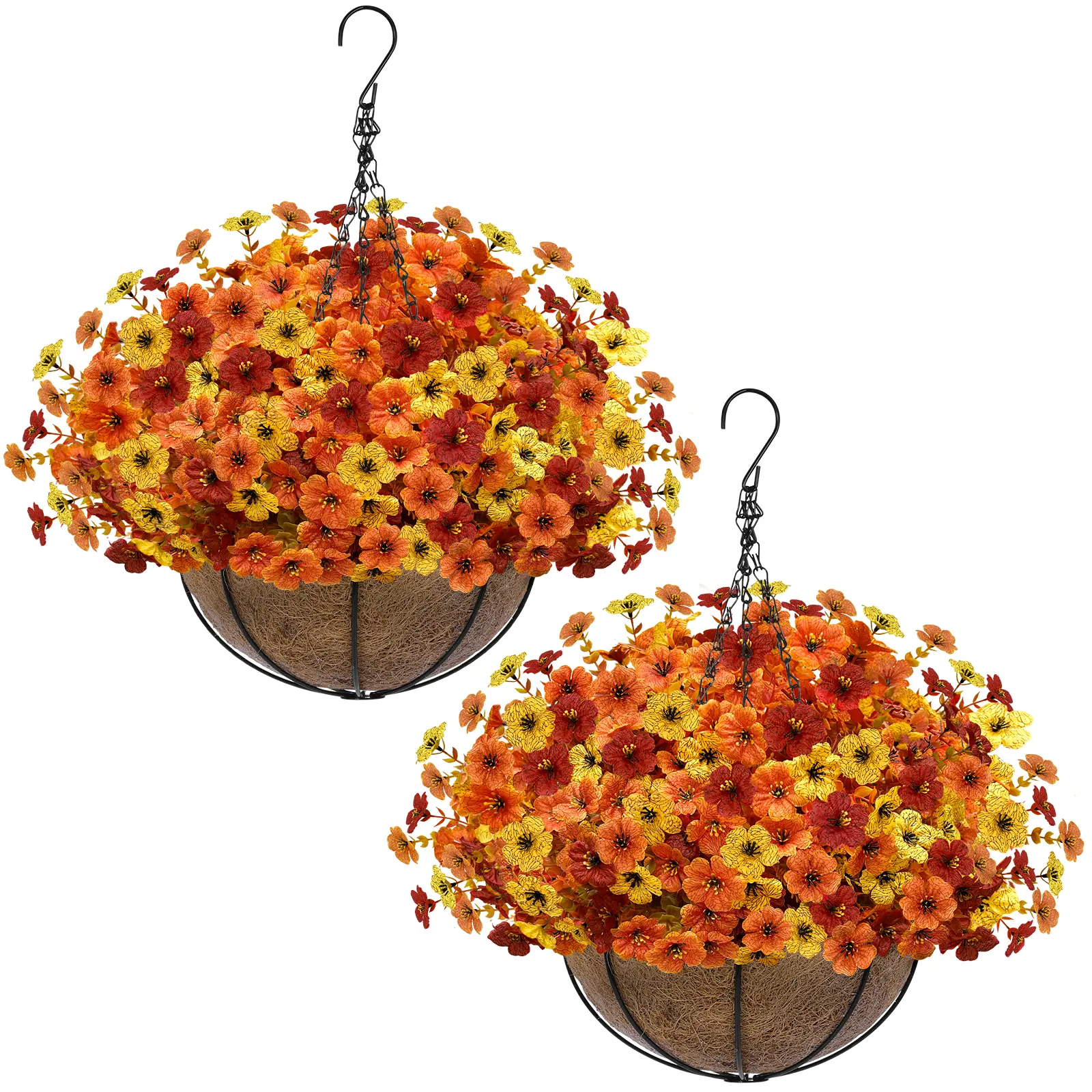 2 Sets Artificial Fake Hanging Baskets Fall Flowers for Outdoors Decoration, 189 Silk Mums UV Resistant Look Real Faux Plants for Outside Yard Patio Porch Garden Balcony Home Autumn Decor