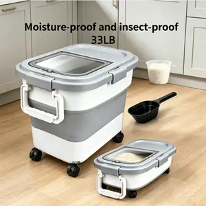 Large Capacity Square Plastic Dog food bucket with Wheels - Closed Seal, Moisture and Insect Resistant, Foldable, Measuring Cup for Cat and Dog Dry Food