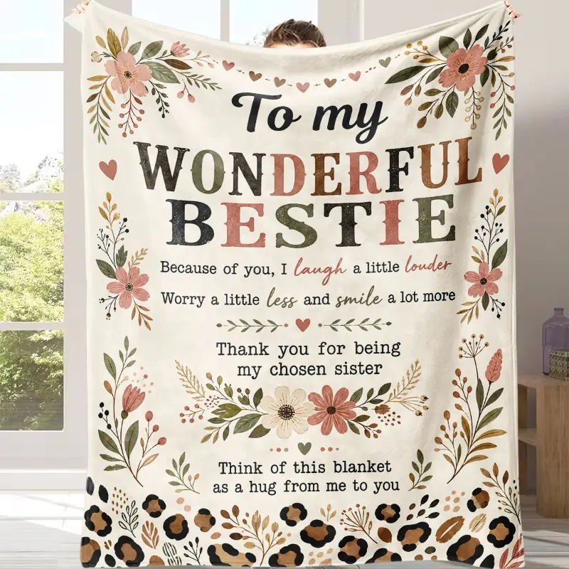 Viral Cozycore Bestie Floral Flannel Throw Blanket - Flower, Elegant Floral, Personalized, Letter Accent Blanket, "Hug From Me to You" Keepsake, Soft Plush for BFFs, Ideal Gift for Birthdays, Friendship Anniversaries, Flower Blankets, Personalized Blanket