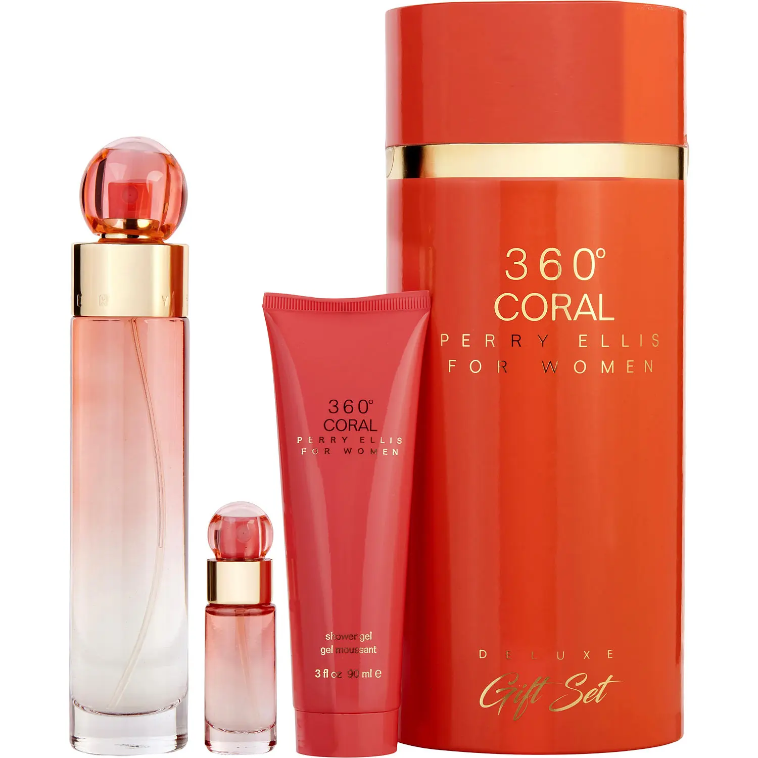 Perry Ellis 360 Coral Set-Eau De Parfum Spray 3.4 Oz & Shower Gel 3 Oz & Eau De Parfum Spray 0.25 Oz Mini For Women