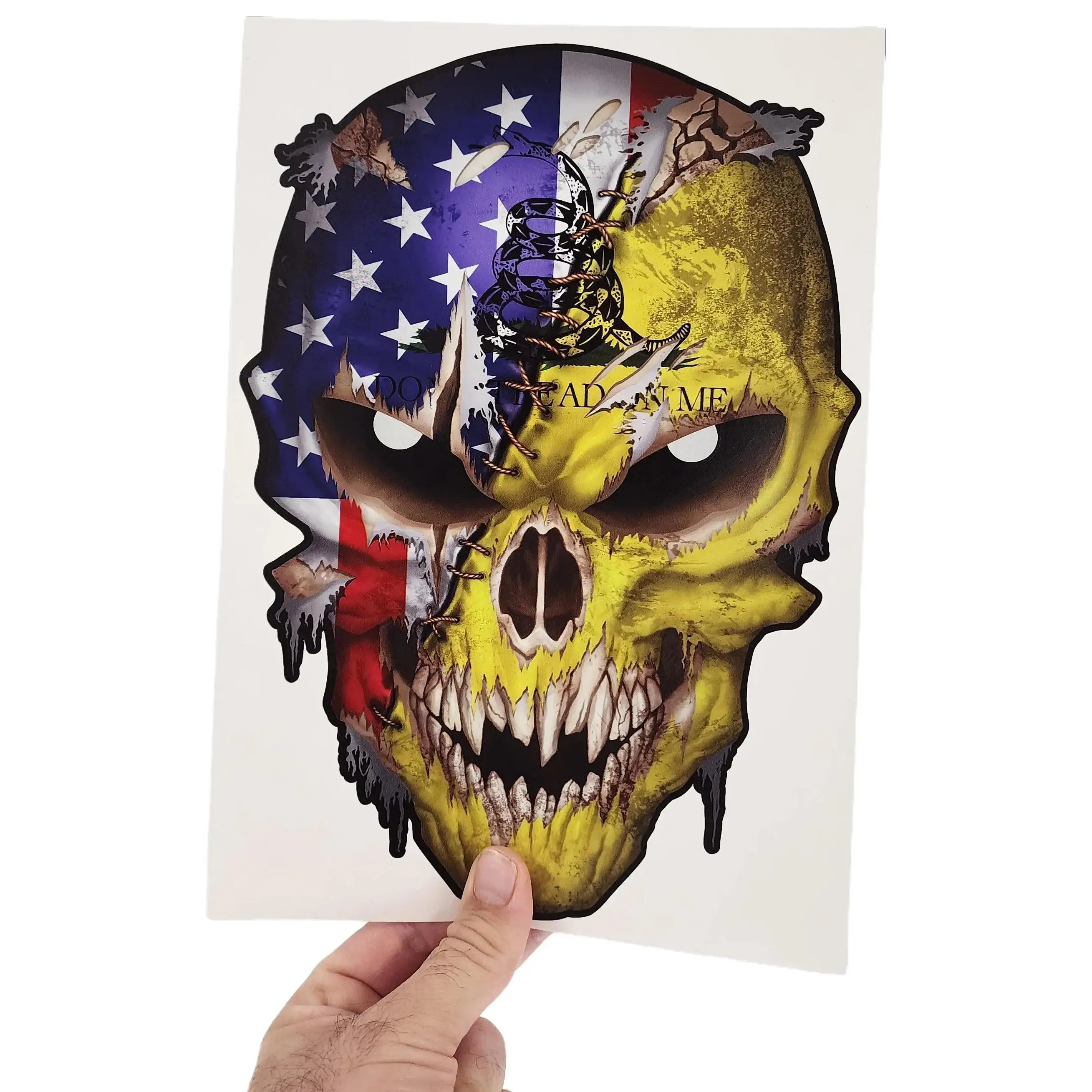 Skull Decal - American Flag Gadsden Stitched Don't Tread on Me Snake Flag Sticker American Flag Patriotic Design Reflective Eyes