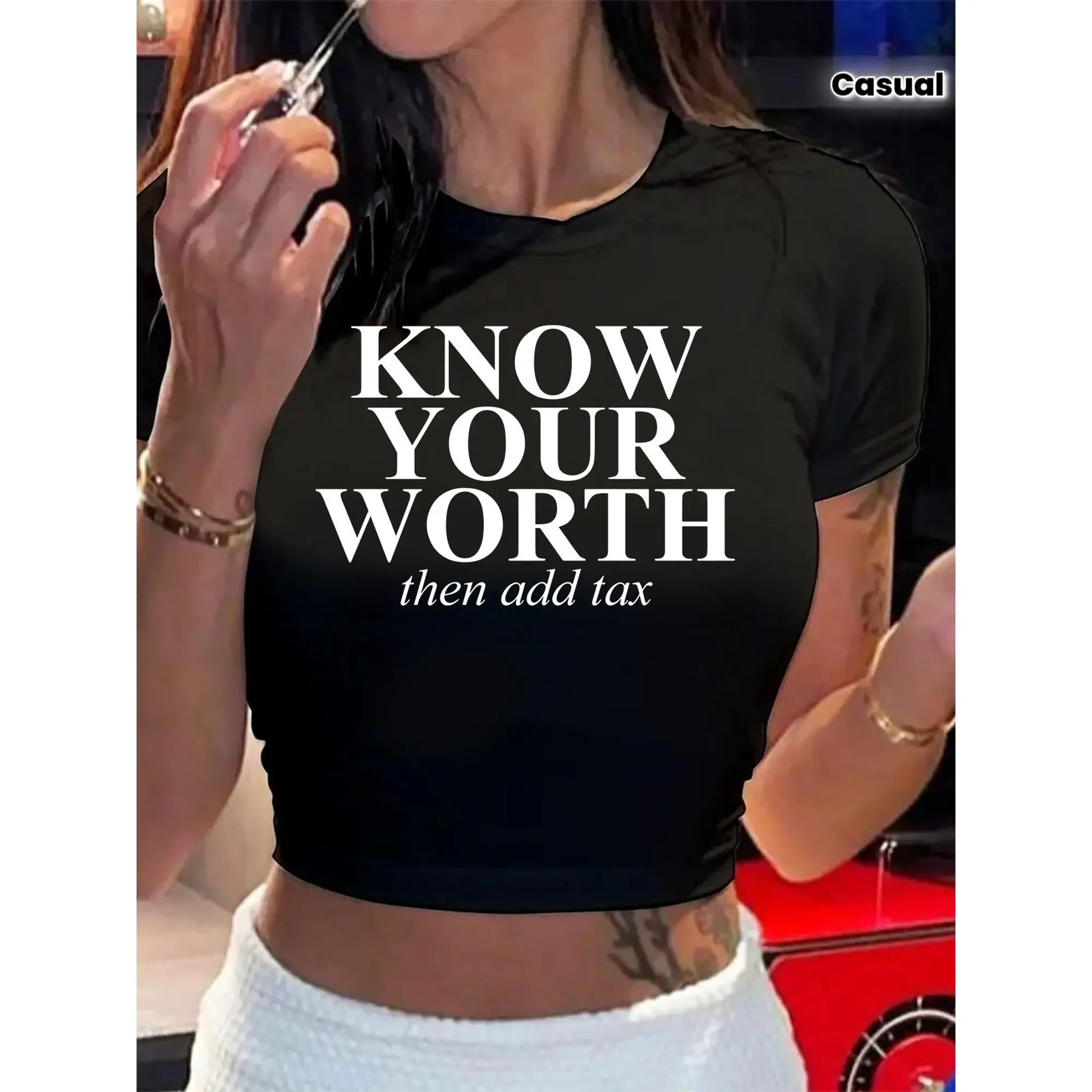 Alphabet Print Short Round Neck Sexy Top Casual Sporty Crop T-Shirt