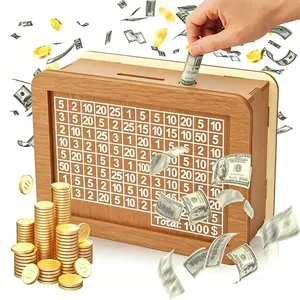 Wooden Piggy Bank with Plan Pen, $10,000 Savings Challenge Box, Reusable Coin Storage, Gift for Friends, Yang Plant Harvested