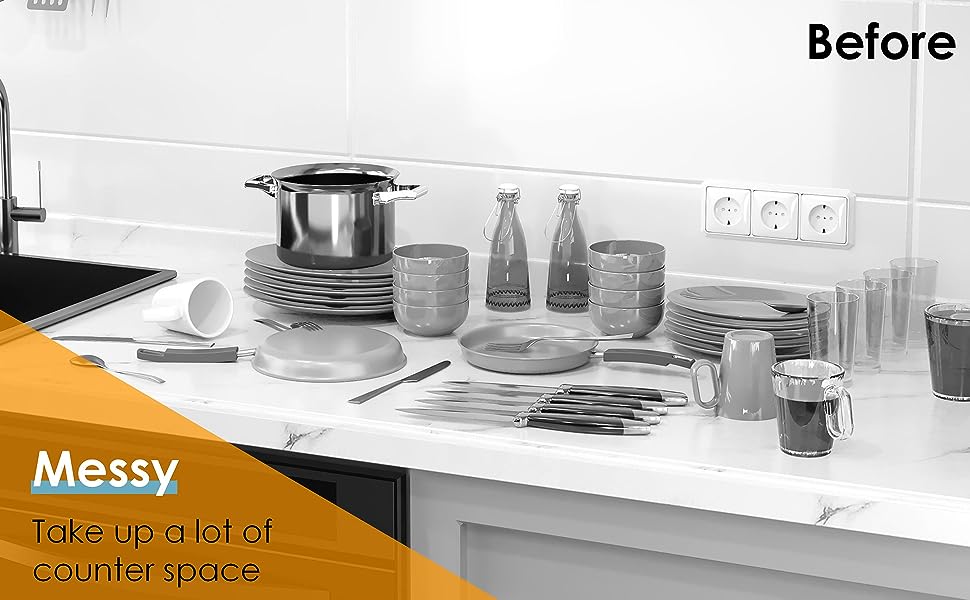 2 Tier Dish Drying Rack with Drainboard Adjustable Spout Utensil Holder and Knife Slots,Space-saving,Suitable for kitchen countertops,Keeps countertops clean and tidy,Easy to install,Beautifully crafted,Rotatable drainage system,Disassembleable