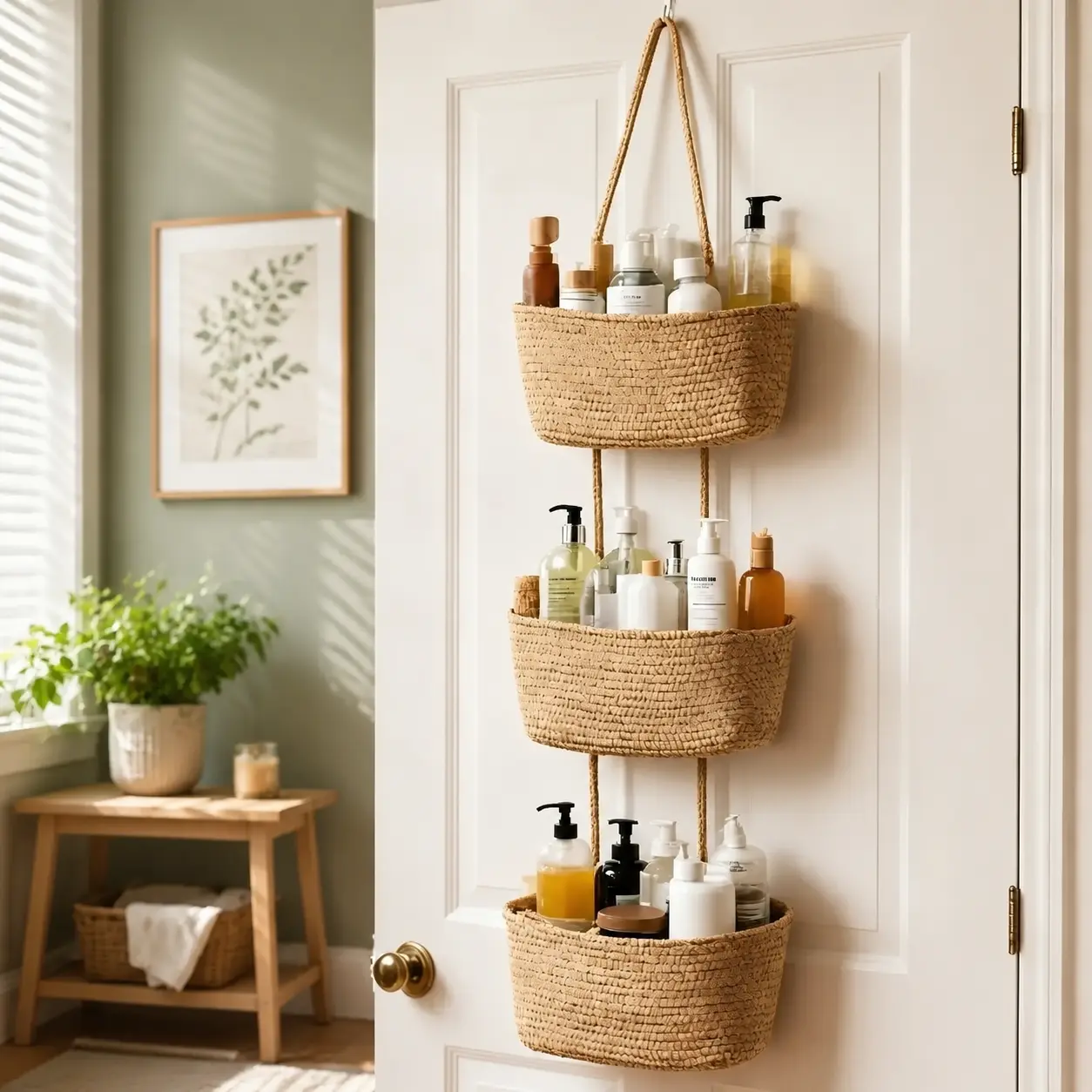 Woven Cotton 3-Tier Over-the-Door Basket - Wall-Mounted Jute Home Storage Organizer for Nursery, Bathroom; Ideal for Busy Parents to Store Diapers, Toys, Laundry with Gift Hook