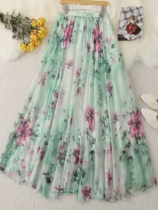 Women's Chiffon Print A-Line Maxi Skirt with Lining, Elegant Flowy Beach Vacation Fashion, Versatile Commute Half Skirt