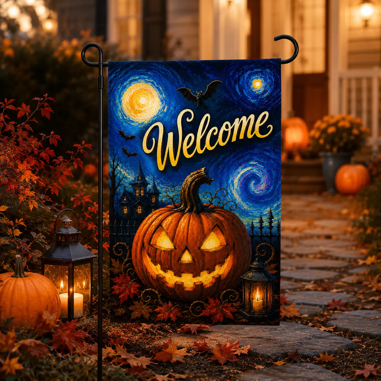 Vintage Halloween Garden Flag, Ghost Witch Black Cat Pumpkin Yard Flag, Happy Halloween Outdoor Fall Porch Lawn Decor