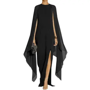 Elegant women’s formal evening maxi dress with high slit, flare sleeves, crew neck, cape, chiffon fabric, gothic batwing Grecian style—suitable for wedding guests and graduation ceremonies.