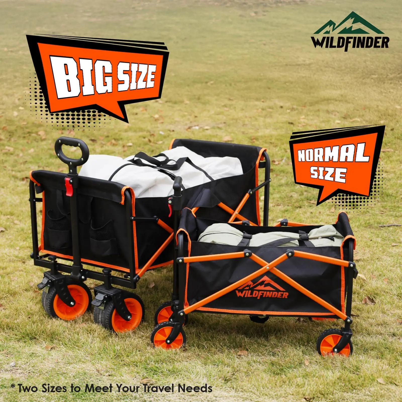 Wildfinder Big Size Lightweight Folding Utility Wagon Carts - w/ Wheels, Collapsible Heavy-Duty (330 lbs Capacity) Featuring Adjustable Handle for Camping, Gardening, Sports & Grocery Use