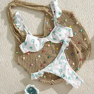 Women's White Bikini Set with Shell & Palm Print Ruffled Straps XS-L Size