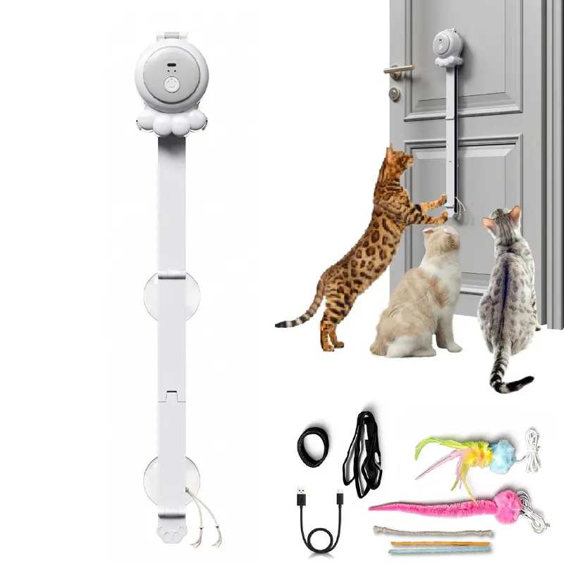 HAPPYCODE 2-in-1 Interactive Cat Toy - Rechargeable Automatic Play Teaser with USB Charger, Suction Cup, Hanging Design, Dual Mode-Dual Speed, Jumping Rod, Track-Chase Mode, Idle Reducer, Battery Saver for Indoor Kitten & Adult Cats