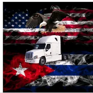 Artisanal Domino Table with Camión Design White Between Cuban & American Flags Ideal for Reunions & Outdoor Games