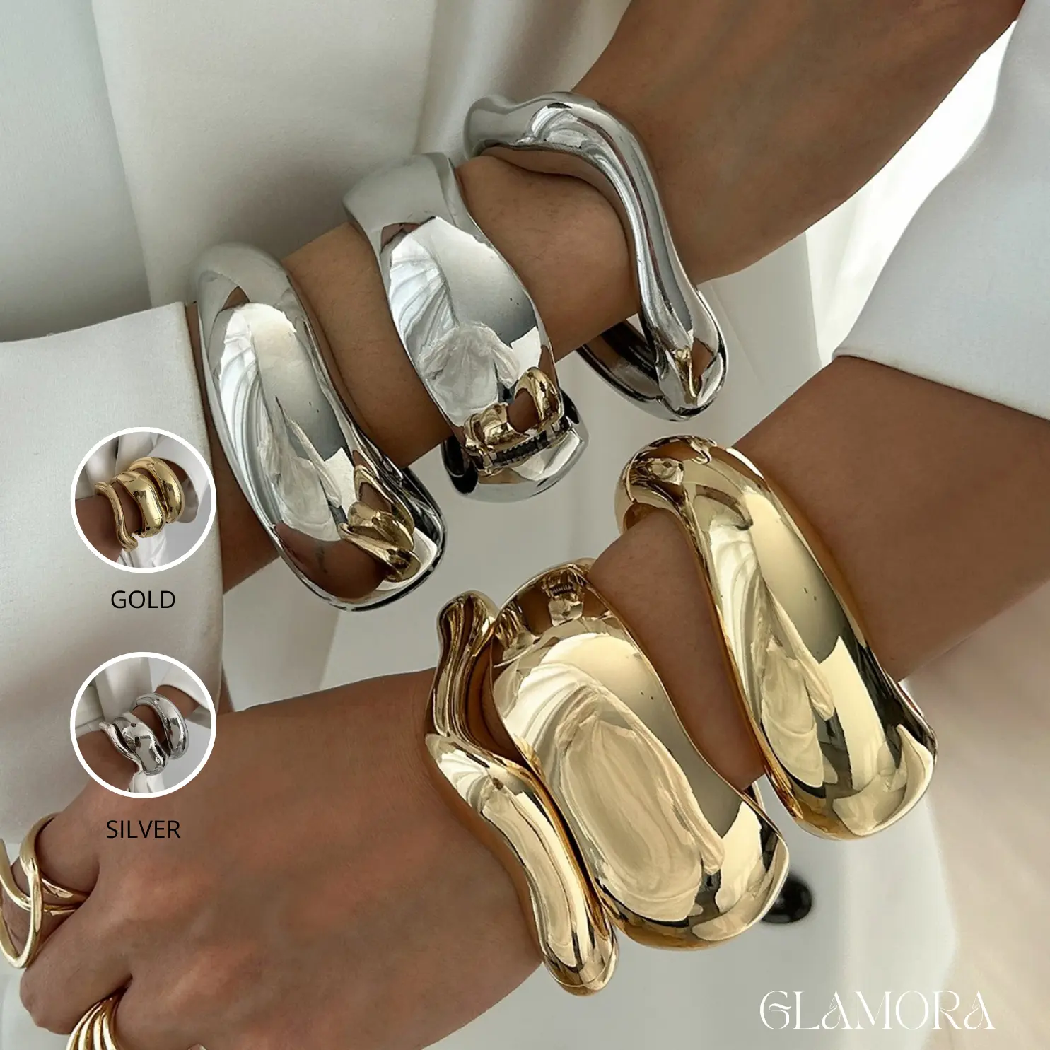 [Glamora] Affordable Women's Elegant 3-piece Multi-Layer Bracelet Set – Trendy All-Match Exaggerated Heavy Metal Smooth Wide Bracelet