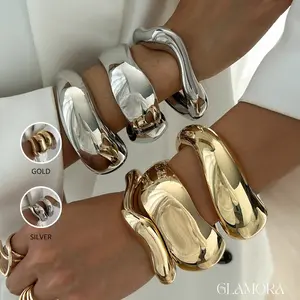 [Glamora] Affordable Women's Elegant 3-piece Multi-Layer Bracelet Set – Trendy All-Match Exaggerated Heavy Metal Smooth Wide Bracelet