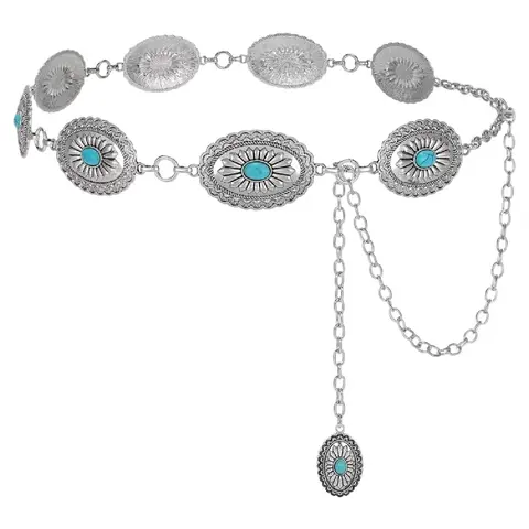 Women's Turquoise Waist Belt, Boho Style Metal Chain, Stylish Belts, Statement Belts, Suitable for Dresses & Jeans, Casual Fashion Accessory, All Seasons Wear, Sparkling Western Belt, Cowgirl Belt, Bling western belt