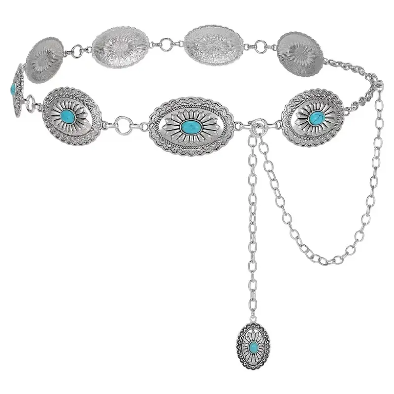 Women's Turquoise Waist Belt, Boho Style Metal Chain, Stylish Belts, Statement Belts, Suitable for Dresses & Jeans, Casual Fashion Accessory, All Seasons Wear, Sparkling Western Belt, Cowgirl Belt, Bling western belt