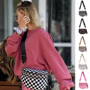 Black and White Checkered Large Capacity Crossbody Bag Bum Bag for Women,Spacious Checkered Purse Fanny Packs Belt Bag Plus Size Messenger Bag