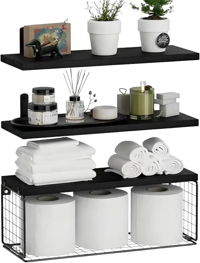 3 Tier Wall Mounted Bathroom Shelves, Rustic Wood Floating Shelves With Metal Frame  For Bathroom, Kitchen, Bedroom, Living Room, Home Decor, Bathroom Decor, Bathroom Organizer Summer Back To School