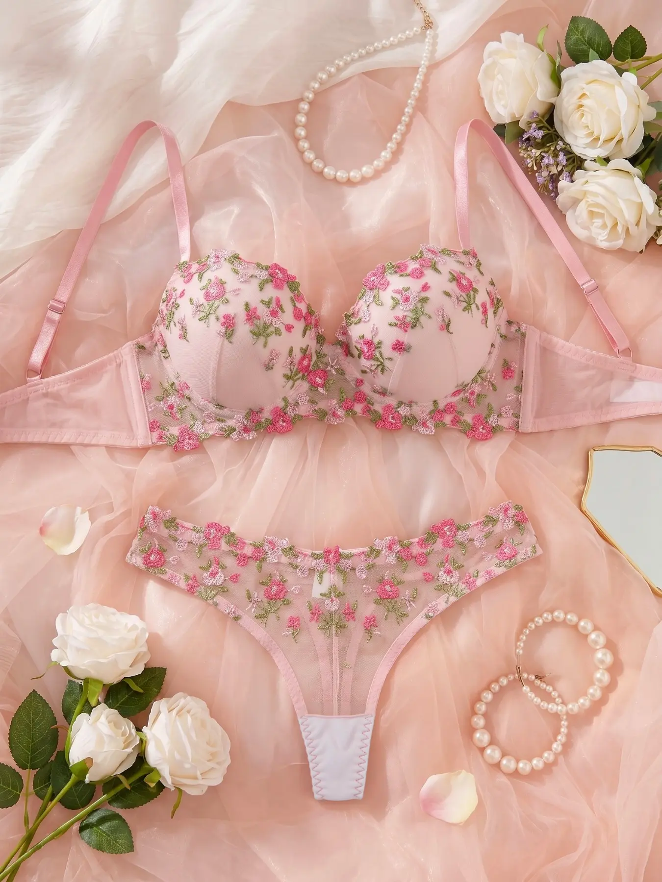2Pcs Women's Bra And Panty Set, Lingerie, Coquette Fairycore Aesthetic, Pink Floral Embroidered Underwire Molded Cup, Ladies Date Night Outfit, Underwear Sets